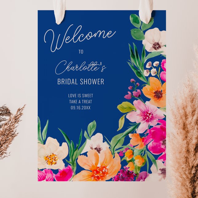 Poster Chá de panela de boas-vindas de flores corajosas (Bright bold wild flowers welcome bridal shower poster on blue)