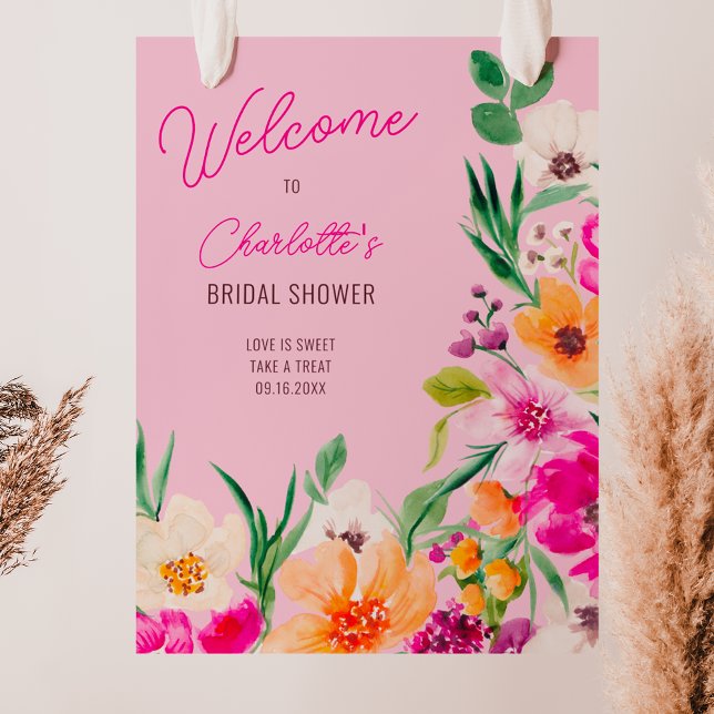 Poster Chá de panela de boas-vindas de flores corajosas (Bright bold wild flowers welcome bridal shower poster on pink)
