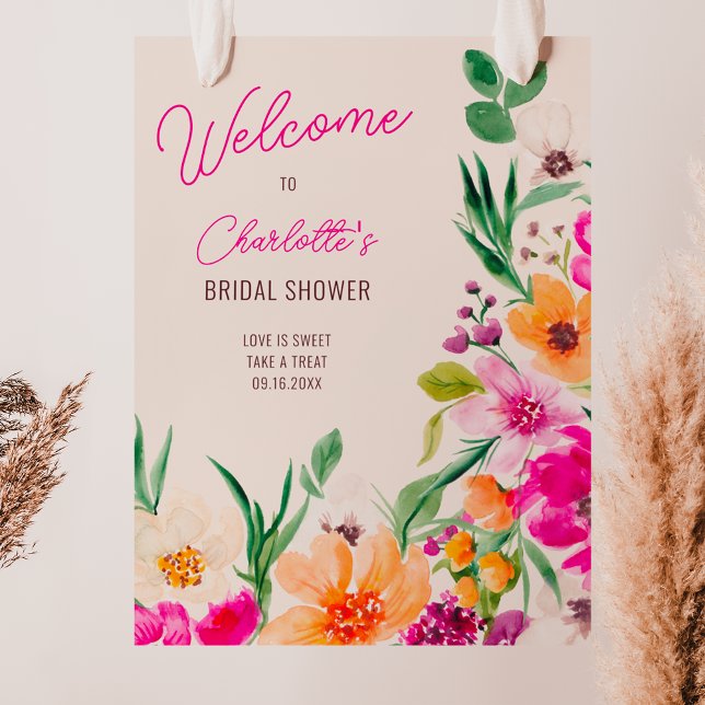 Poster Chá de panela de boas-vindas de flores corajosas (Bright bold wild flowers welcome bridal shower poster on ivory beige)