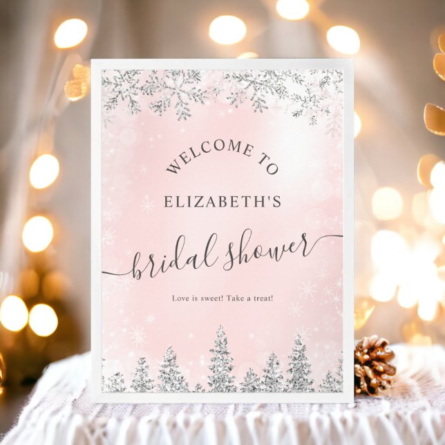 Poster Chá de panela de boas-vindas do pinheiro rosa-prat (Silver blush pink snow pine welcome bridal shower poster)