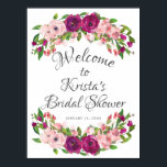 Poster Chá de panela de Boas-Vindas Rosa e Marsala Floral<br><div class="desc">Linda cor-de-água pincel rosa e marsala chá de panela floral sinal de boas-vindas. Fácil de personalizar com seu nome e data de chá.</div>