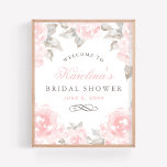 Poster Chá de panela de Casamento com Rosa de Aquarela Ro<br><div class="desc">Elegante placa de poster de chá de panela de casamento dá boas-vindas aos convidados do chá de panela. O design apresenta texto de cinza pincelado e pewter que pode ser personalizado com o nome e a data do chá da noiva, enquadrado por uma borda de rosas cor-de-rosa suave com folhas...</div>