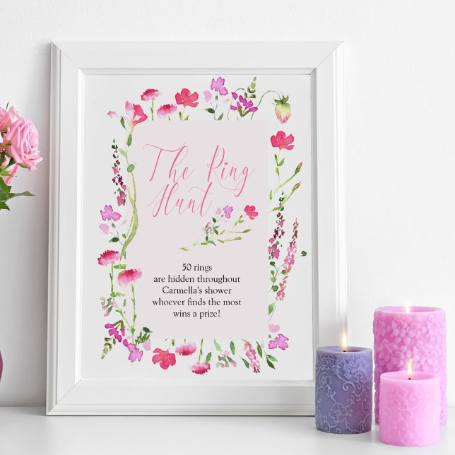 Poster Chá de panela de flor selvagem rosa para o jogo da (Ring Hunt bridal shower game sign from my Pink Wildflower Collection.)