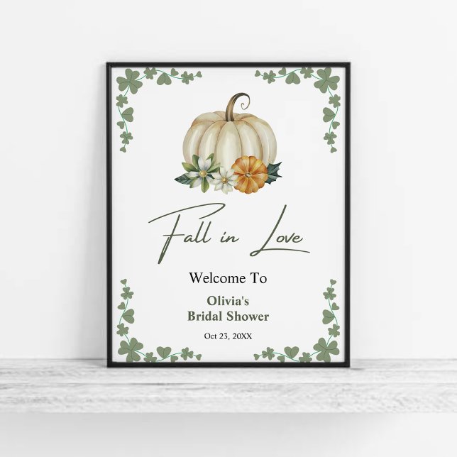 Poster Chá de panela de outono de outono de outono de Boa (Fall in Love Autumn Greenery Pumpkin Bridal Shower Welcome Sign )