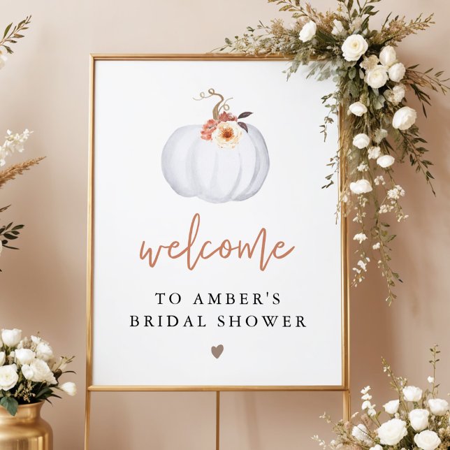 Poster CHÁ DE PANELA de queda de abóbora branco AMBER (Terracotta Floral White Pumpkin Bridal Shower Welcome Sign)