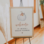 Poster CHÁ DE PANELA de queda de abóbora branco AMBER<br><div class="desc">Este sinal de boas-vindas do chá de panela apresenta uma abóbora branca de aquarela com sotaques florais cor de laranja pêssego e um layout moderno minimalista. Edite a maioria dos textos para atender às necessidades do seu evento. Este poster de chá de fraldas é perfeito para o seu evento de...</div>
