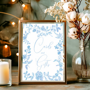 Poster Chá de panela de sinais florais de vinheta azul-fr