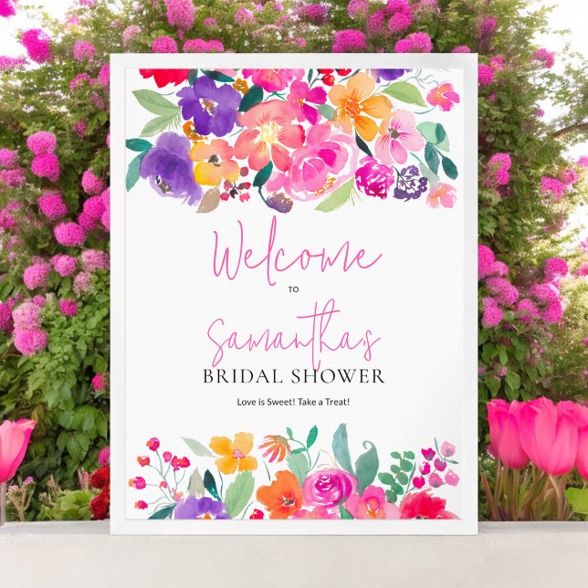 Poster Chá de panela floral cor-de-rosa-branca (Bold pink floral watercolor bridal shower welcome poster)