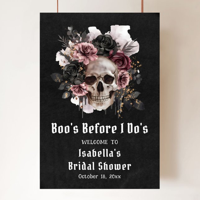 Poster Chá de panela Floral de Halloween Negro Bem-vindo (Boo's Before I Do's Skull Bridal Shower Welcome Sign
)