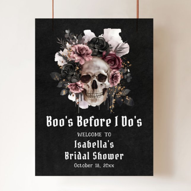 Poster Chá de panela Floral de Halloween Negro Bem-vindo (Boo's Before I Do's Skull Bridal Shower Welcome Sign)