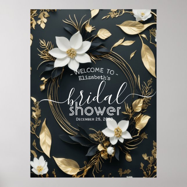 Poster Chá de panela Floral Dourado Branco Bem-vindo (Frente)
