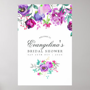 Poster Chá de panela Floral Purple e Mint bem-vindo