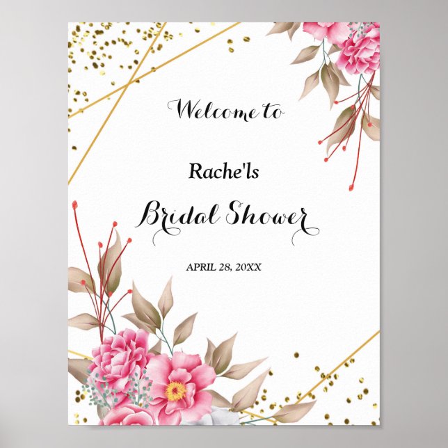 Poster Chá de panela Floral Rosa Cor-de-Quadro Dourado Ge (Frente)