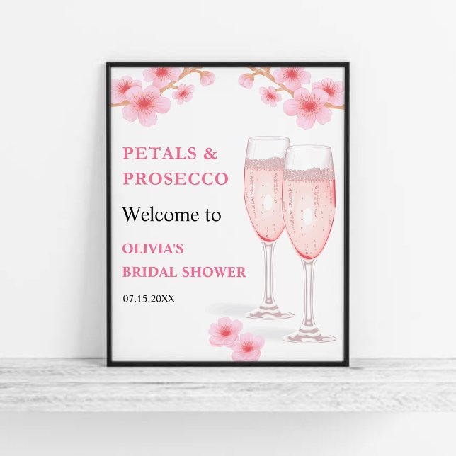 Poster Chá de panela moderno Petals & Prosecco bem-vindo (Modern Petals & Prosecco Pink Watercolor Floral Bridal Shower Welcome Sign  )