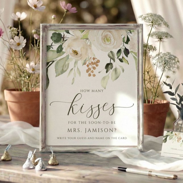 Poster Chá de panela Quantos Kisses Jogo Verde Branco (How many kisses bridal shower game sign - custom printed (frame not included) watercolor floral.)