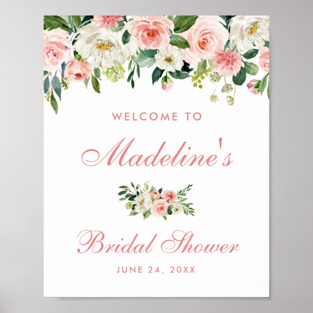 Poster Chá de panela Rosa Blush Floral Bem-vindo (Frente)