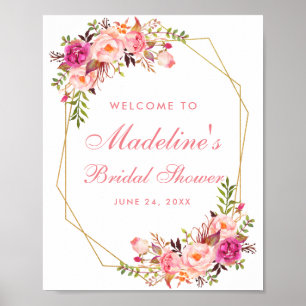 Poster Chá de panela Rosa Floral, Cor-de-rosa, Dourado Bo