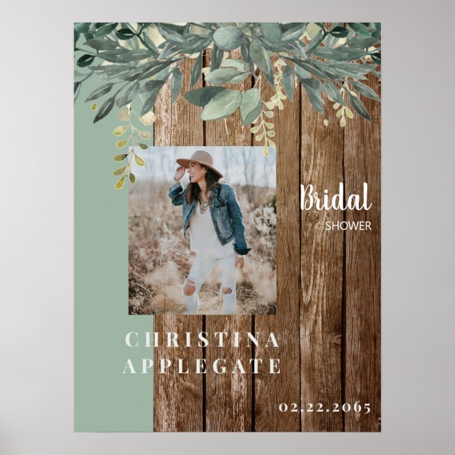 Poster Chá de panela Rustic Wood Bride Photo Sage (Frente)