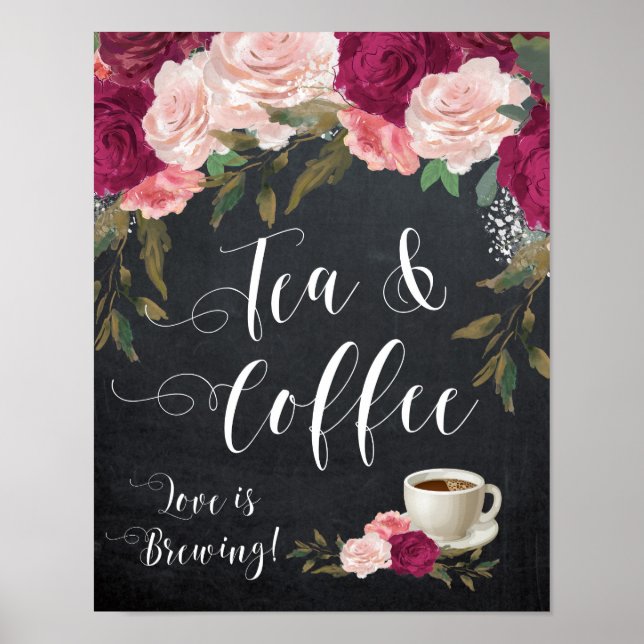 Póster chá floral burgundy e placa de café casamento (Frente)