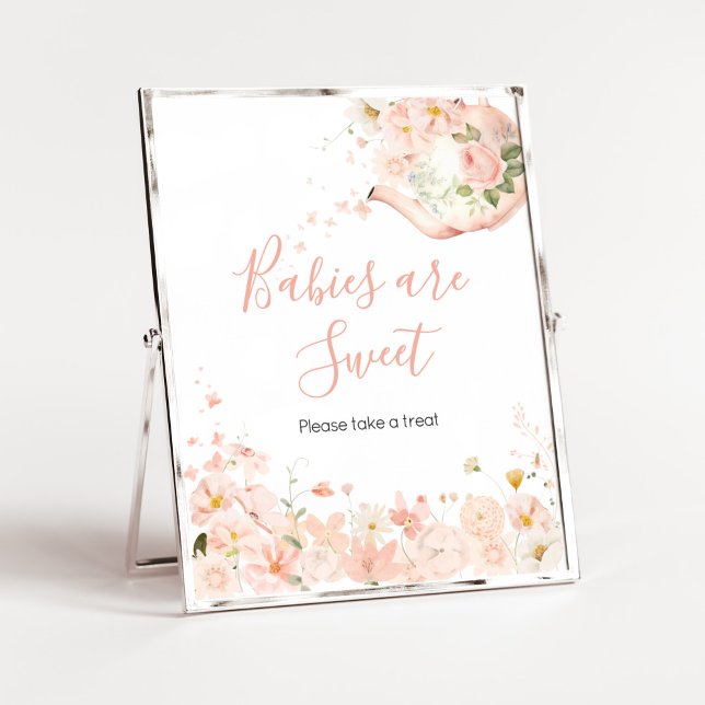 Poster Chá Floral Rosa para Dois Bebês são Doces (Pink Floral Tea for Two Baby Shower Babies are Sweet Sign)