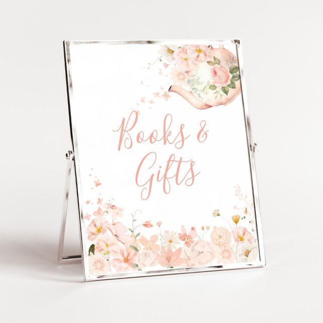 Poster Chá Floral Rosa para Dois Livros e Presentes de Ch (Pink Floral Tea for Two Baby Shower Books and Gifts Sign)