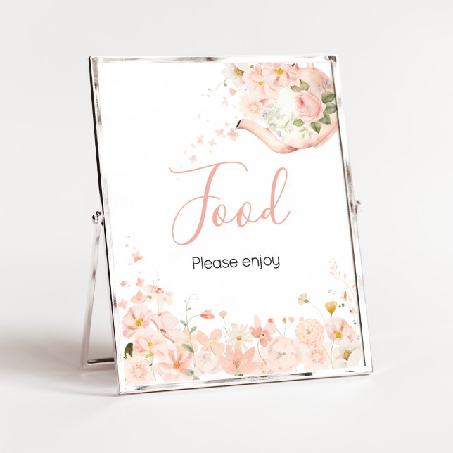 Poster Chá Floral Rosa para Duas Comidas (Pink Floral Tea for Two Baby Shower Food Sign)