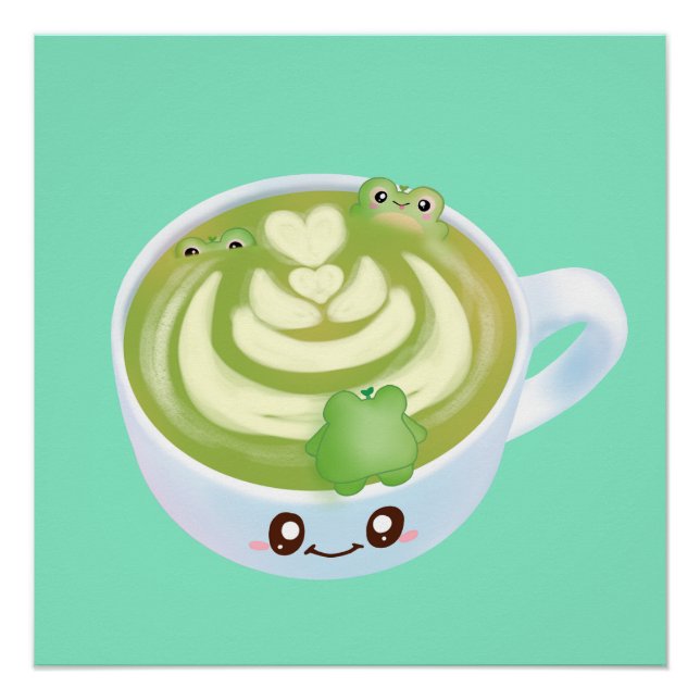 Póster Chá Verde Quente Latte Com Sapos Bonitos (Frente)
