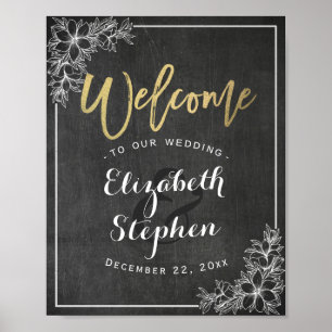 Poster Chalkboard Floral Wedding Recepção Sinal de Boas-v