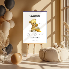 Póster Chamada Minimalista de Urso de Mel para Chá de Beb