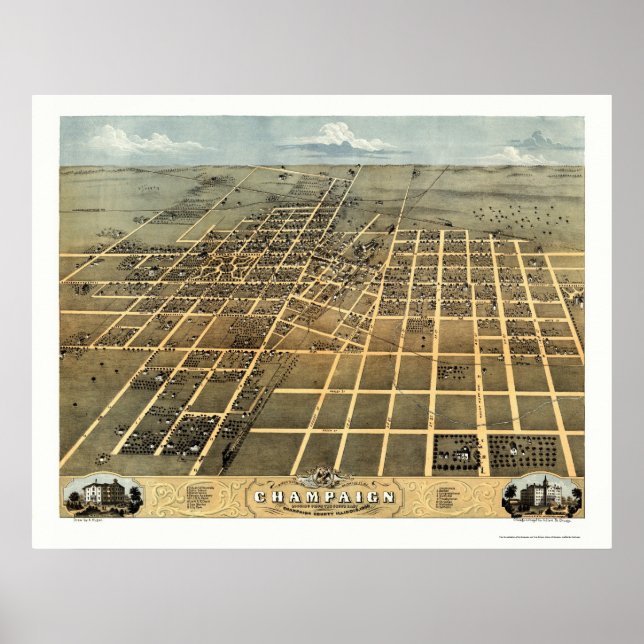 Póster Champaign, Mapa Panorâmico do IL - 1869 (Frente)