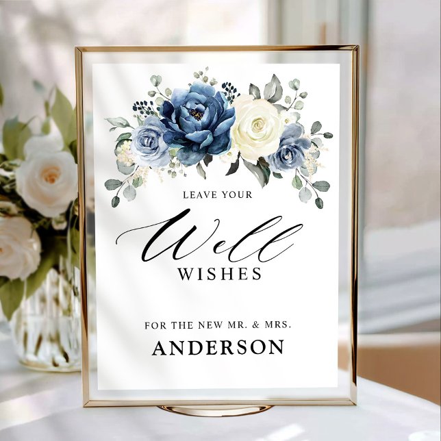 Poster Champanhe Azul Dusty Ivory Floral Bem Desejos (Dusty Blue Champagne Ivory Floral Well Wishes Poster)