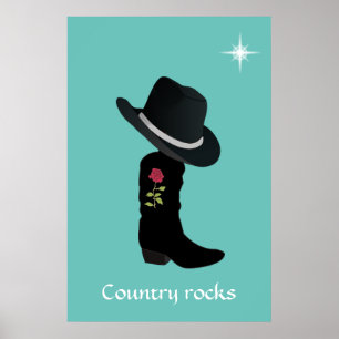 Poster Chapéu Country e Bota em Azul Turquesa