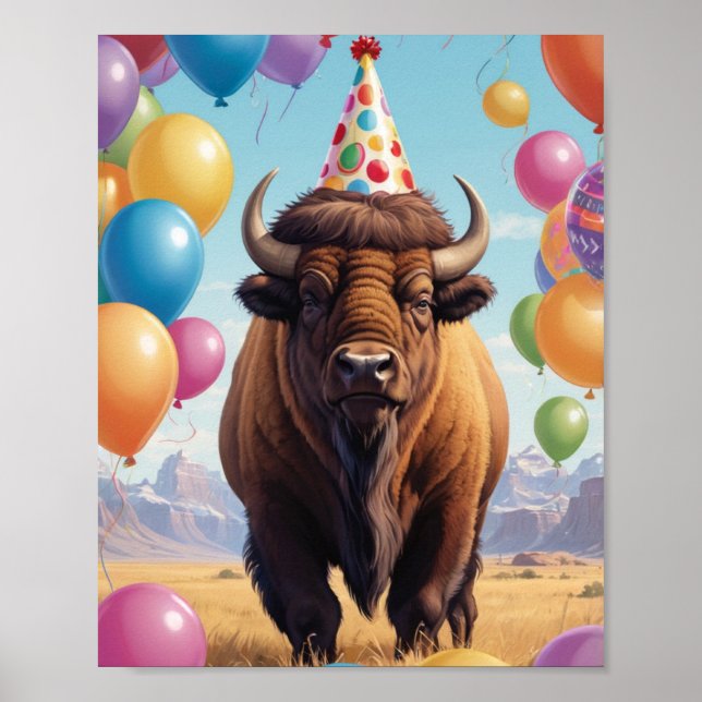 Poster Chapéu de aniversário americano bison e balões (Frente)