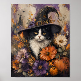 Poster Chapéu de Bruxa de Gato Preto Whimsigótico Floral