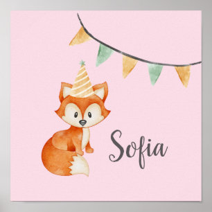 Poster Chapéu de festa florestal de raposa fofa Feliz Ani