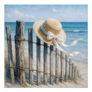 Póster Chapéu de Palha de Verão no Cerca da Praia