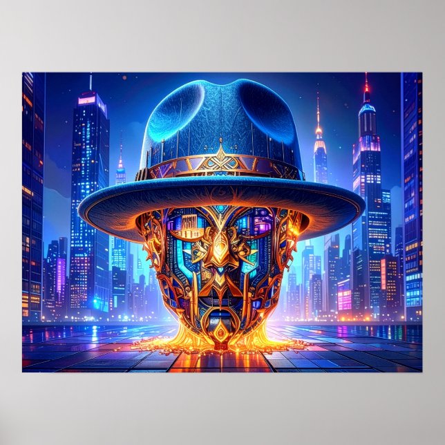 Poster Chapéu Fedora de Paisagem Noturna de Arte de Nova  (Frente)