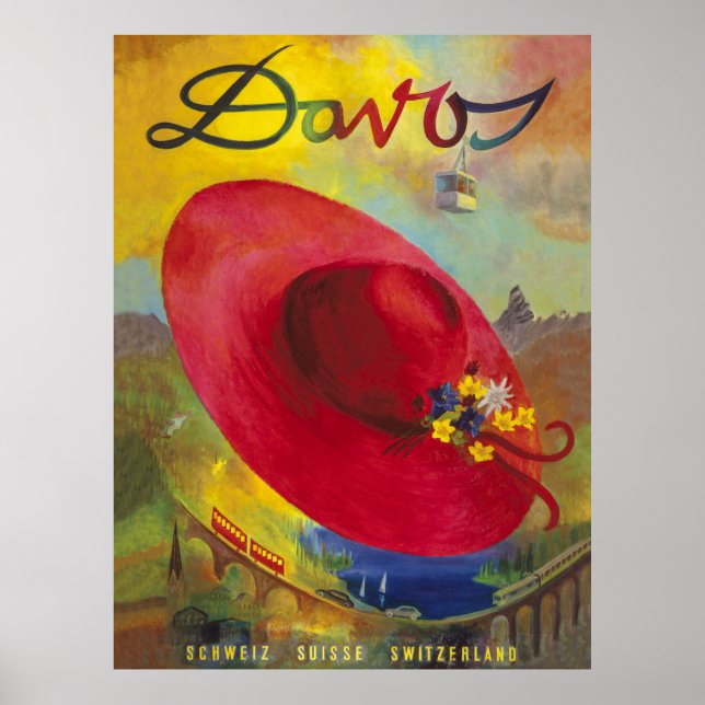 Poster Chapéu vermelho sobre a paisagem montanhosa de ver (Frente)