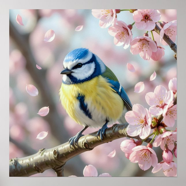 Poster Chapim-azul em Cerejeira em Flor na Primavera (Frente)