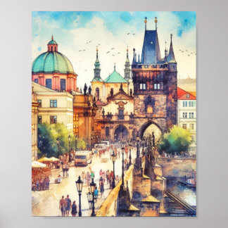 Poster Charles Bridge Praga República Checa Watercolor