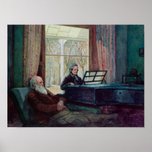 Póster Charles Darwin e sua esposa no Piano