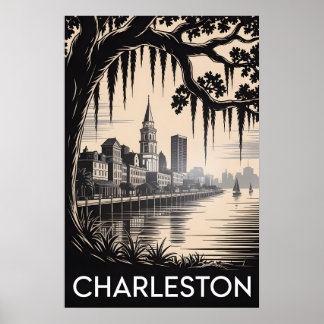 Poster Charleston Carolina do Sul Preto Branco Xilogravur