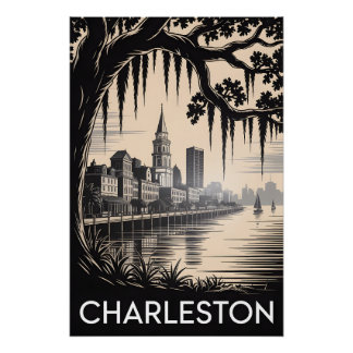 Póster Charleston Carolina do Sul Preto Branco Xilogravur