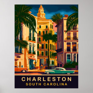 Poster Charleston Downtown, SC, Viagem Antiga