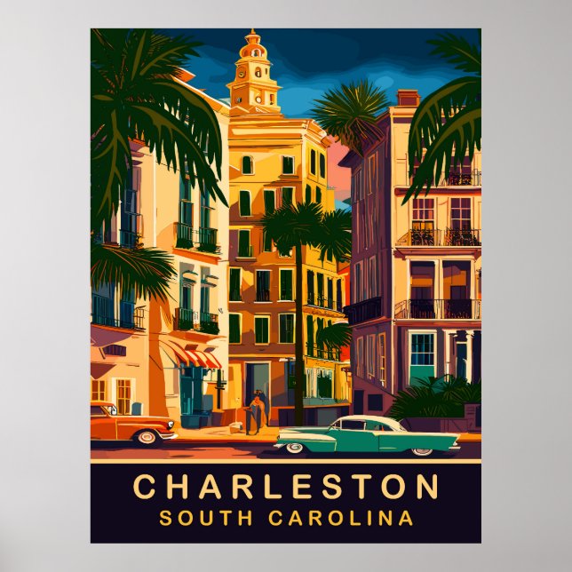 Poster Charleston Downtown, SC, Viagem Antiga (Frente)
