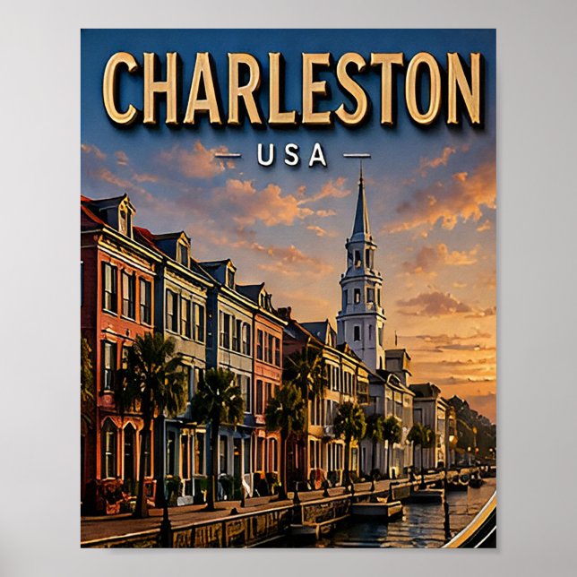 Poster Charleston Histórico Frente Marítimo e Rainbow Row (Frente)