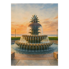 Póster Charleston Pineapple Fountain Watercolor Sunset