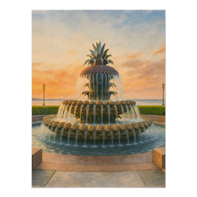 Póster Charleston Pineapple Fountain Watercolor Sunset (Frente)