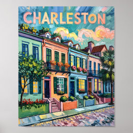 Poster Charleston Rainbow Row Van Gogh Style Pintura A Ól