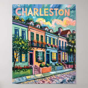Poster Charleston Rainbow Row Van Gogh Style Pintura A Ól